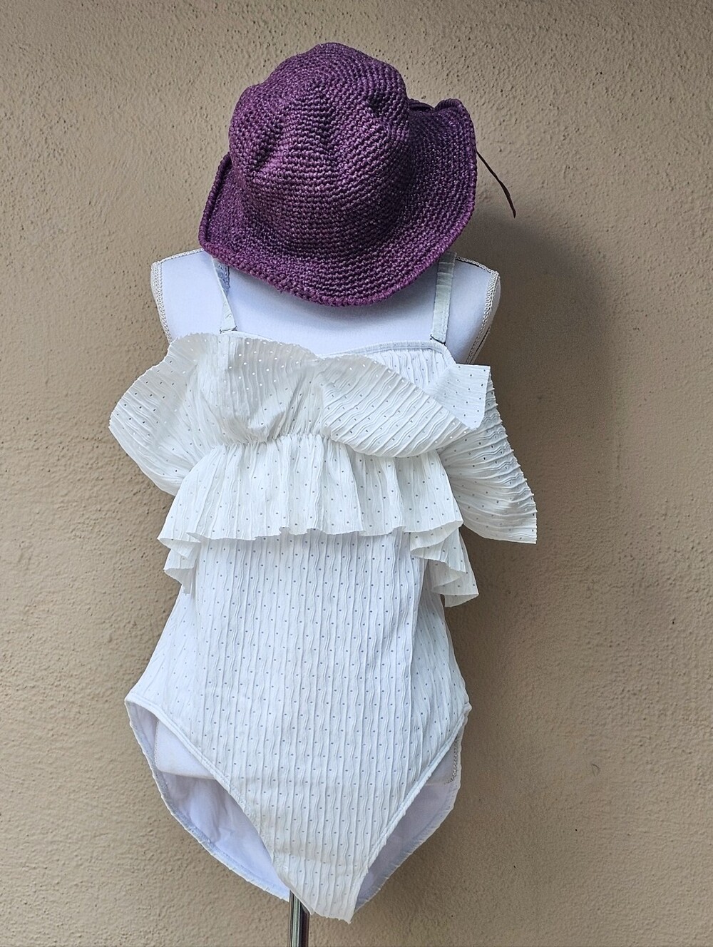 White Perforated One Piece Bathing Suite W/ A Dramatic Ruffle on the Bust Sz 2XL